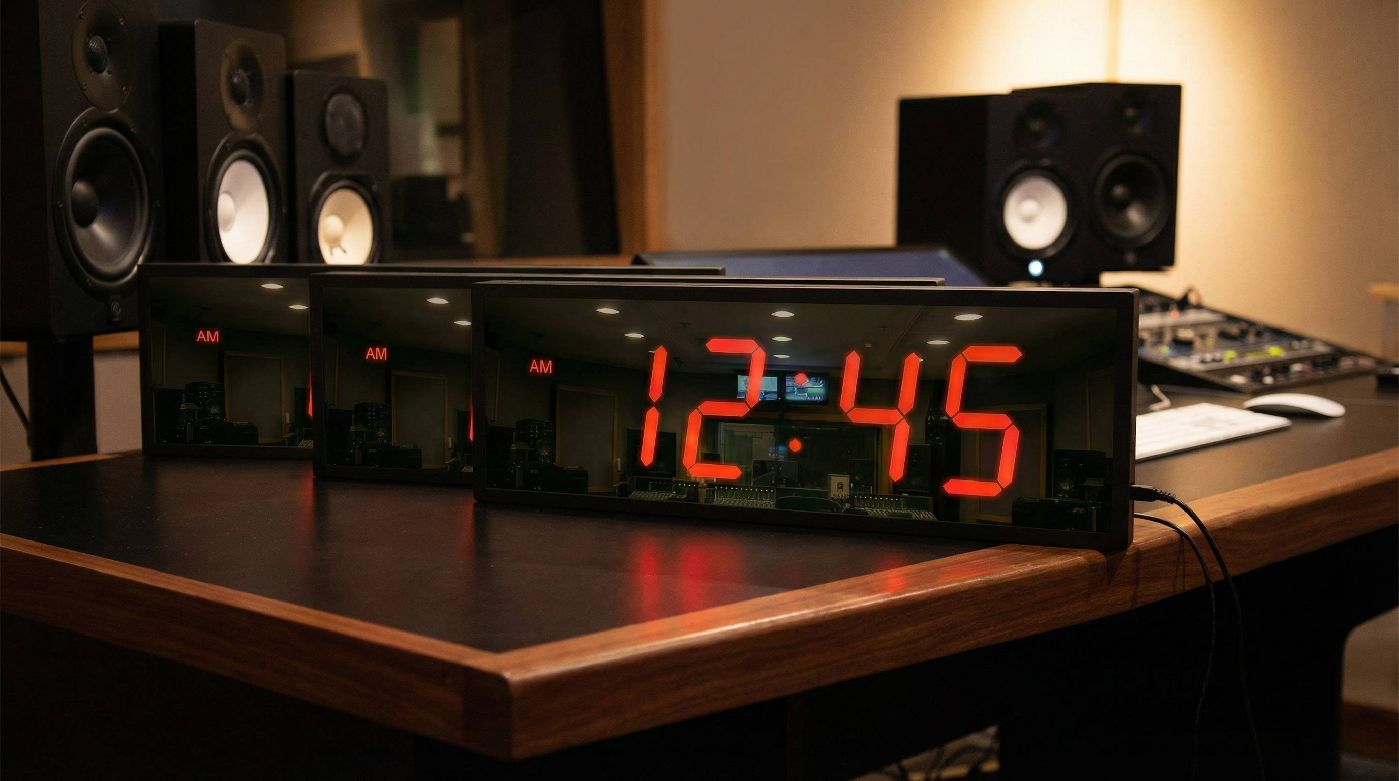 BigTimeClocks digital clocks displaying time on a wooden surface with speakers in the background