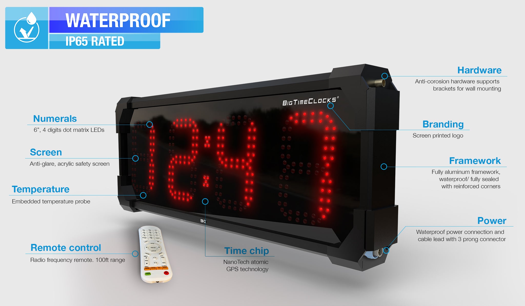 EXTRA LARGE 6″ NUMERALS LED OUTDOOR WATERPROOF GPS COUNTDOWN / UP CLOC