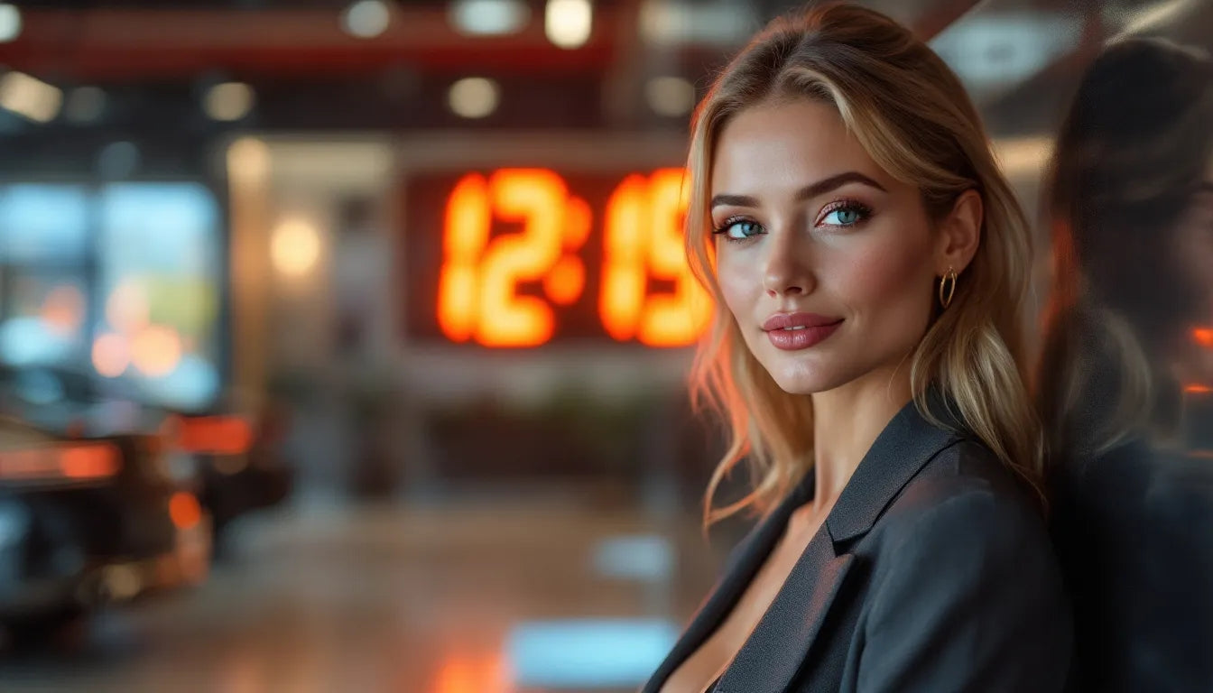 Woman in a stylish outfit standing in a modern, possibly futuristic setting with BigTimeClocks custom digital clock in the background.
