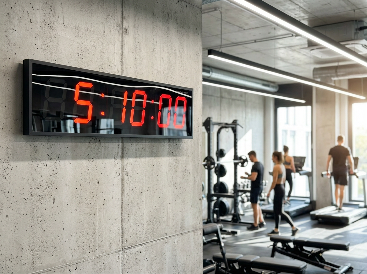 BigTimeClocks digital clock on a wall in a gym with people exercising