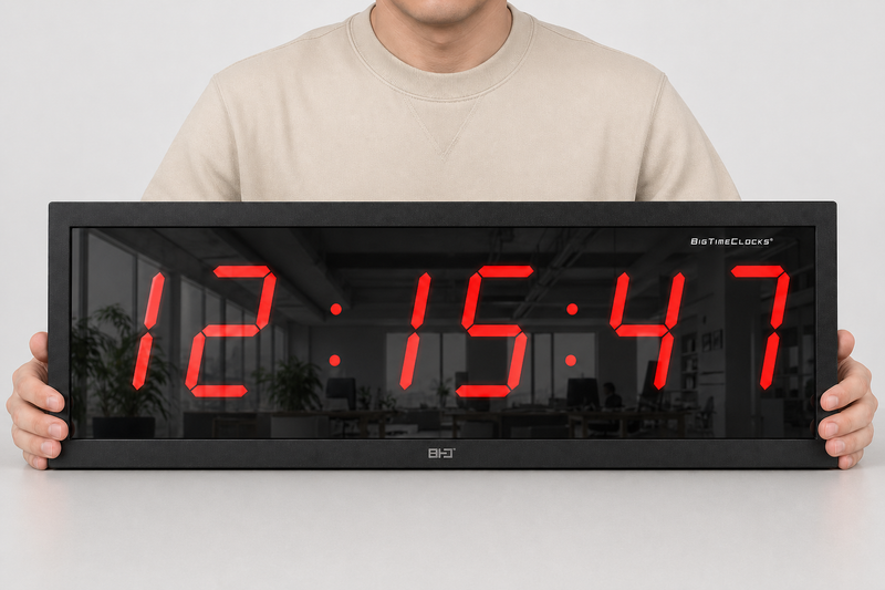 Person holding a large BigTimeClocks digital clock with red numbers on a plain background