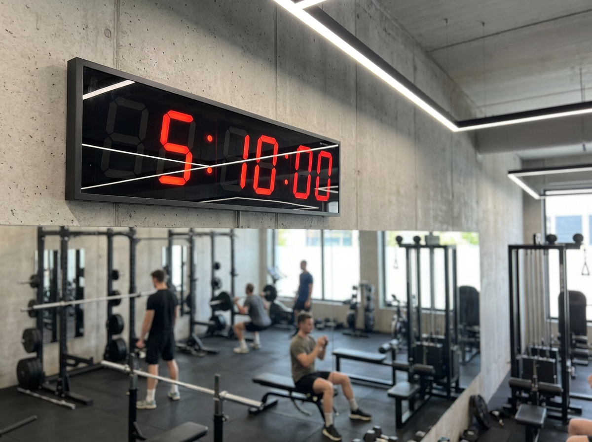 BigTimeClocks digital clock displaying time in a gym setting with people exercising.