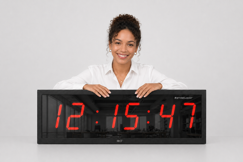 Woman holding a large BigTimeClocks digital clock displaying the time.