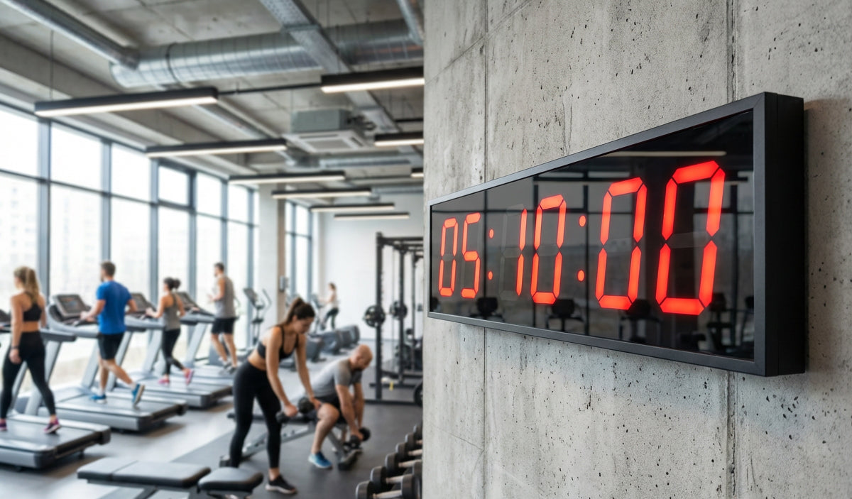 BigTimeClocks digital clock displaying time in a gym setting with people exercising.