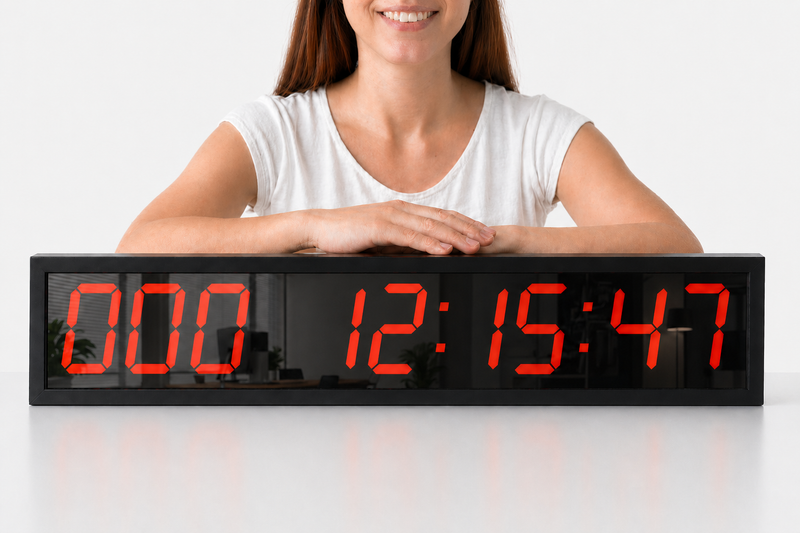 Person holding a large BigTimeClocks digital clock displaying the time.