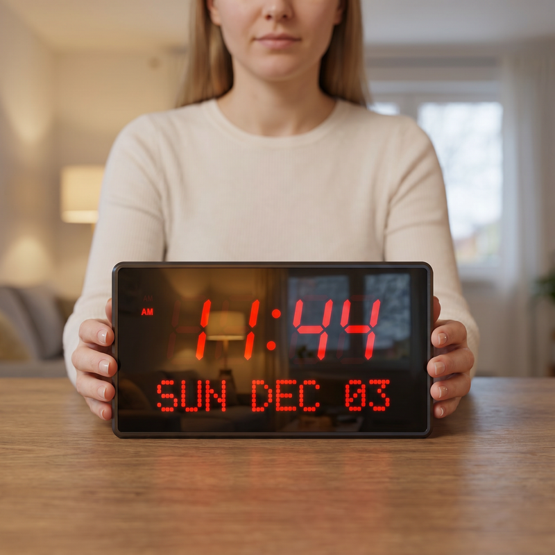 Person holding a BigTimeClocks digital clock displaying the time 11:44 and date Sunday, December 03.