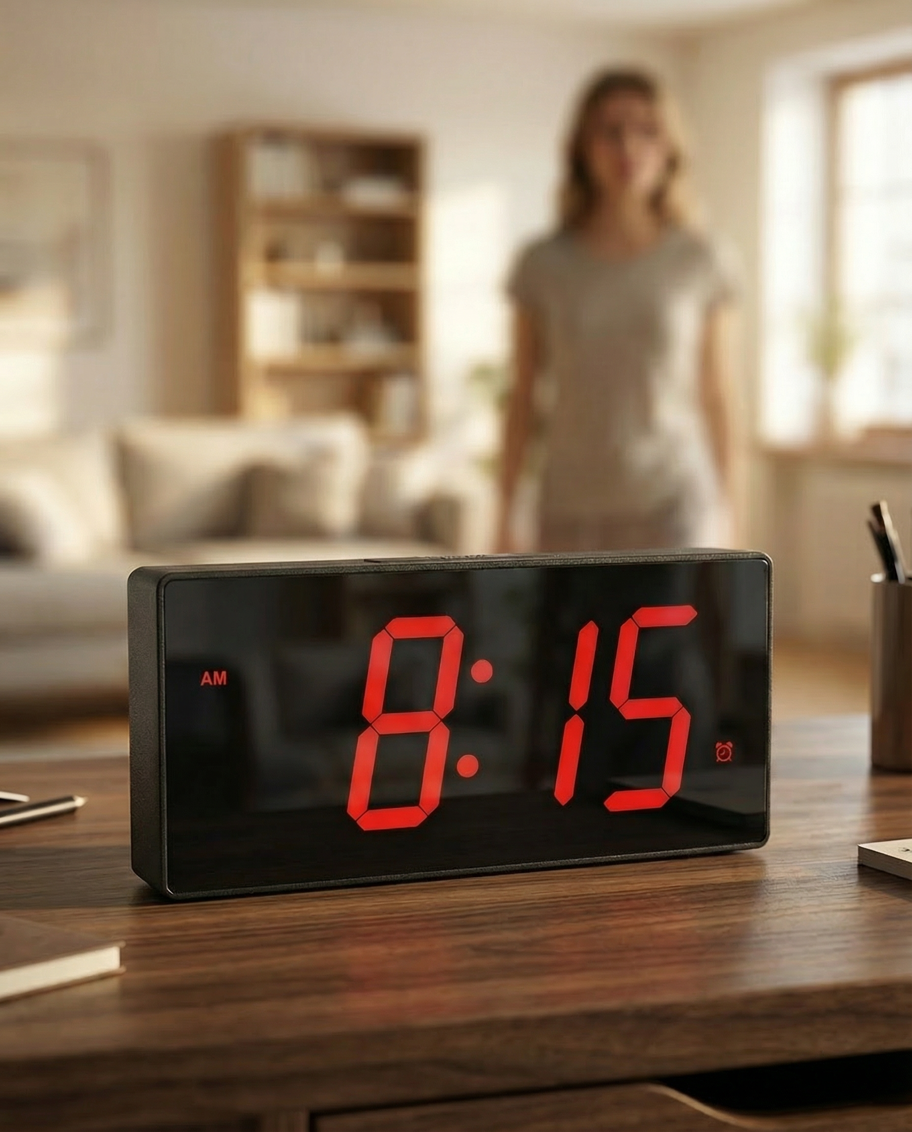 BigTimeClocks digital clock showing 8:15 on a wooden table with a blurred background of a living room.