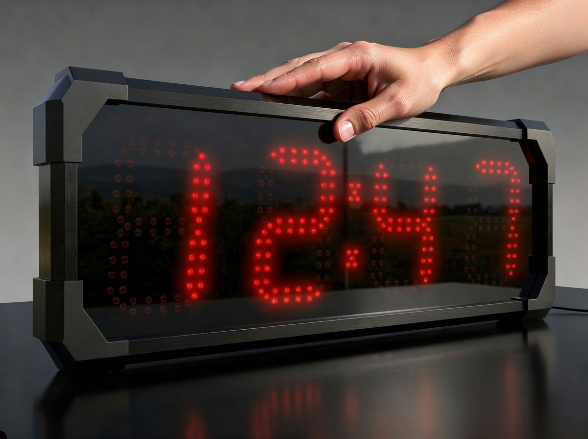BigTimeClocks digital clock with red LED display on a dark surface, hand interacting with it.