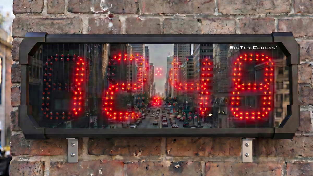 BigTimeClocks digital clock with red LED digits on a brick wall