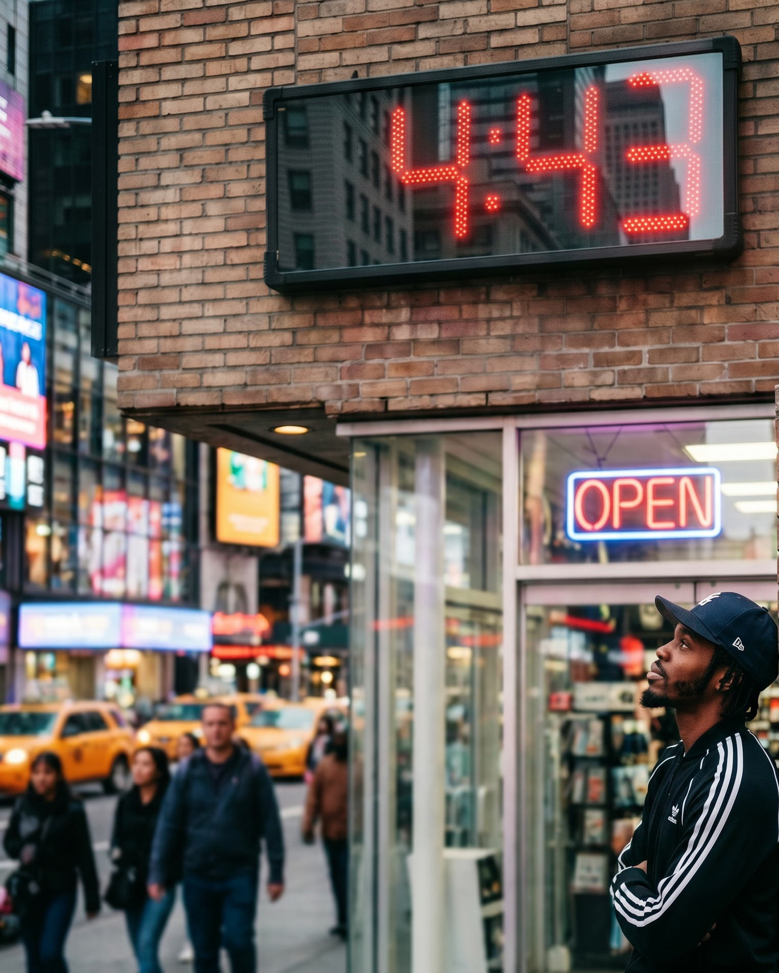 BigTimeClocks digital clock displaying '4:43' on a brick building with a 'OPEN' sign, people walking by in a city street.