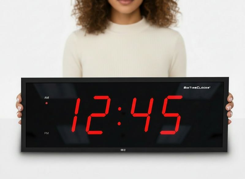 Person holding a BigTimeClocks digital clock with red numbers on a white background