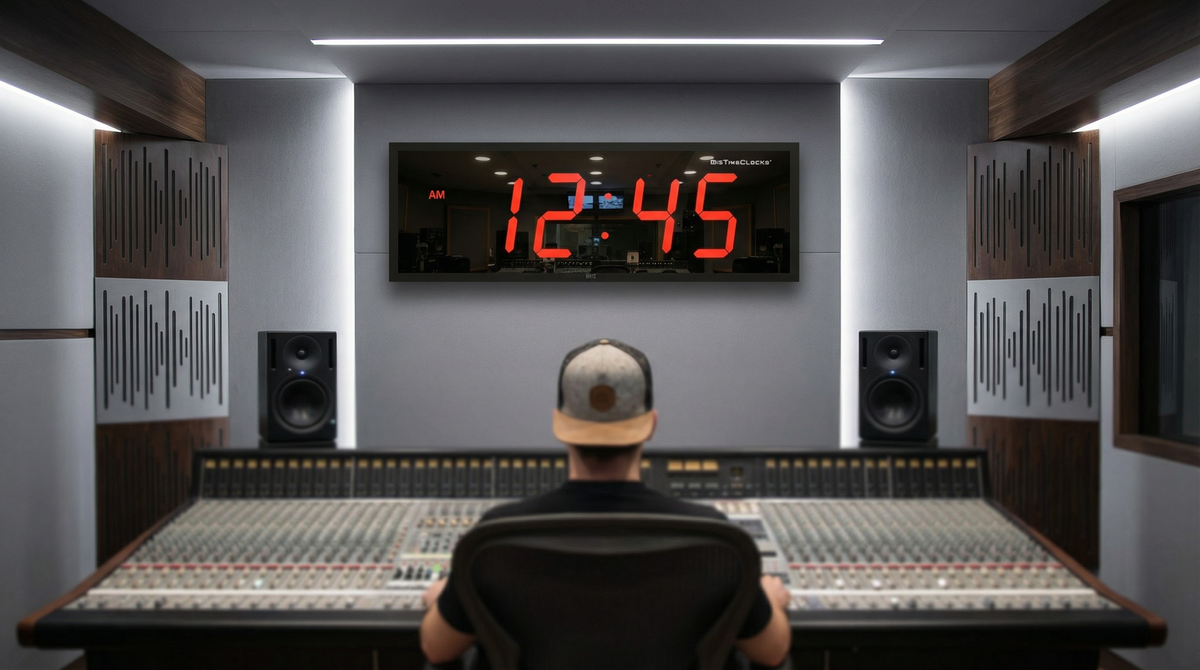 Person sitting at a sound mixing console in a professional studio with a BigTimeClocks digital clock on the wall.