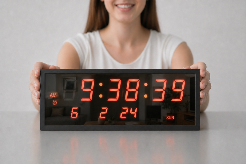 Person holding a BigTimeClocks digital clock displaying the time 9:38:39 with a gray background