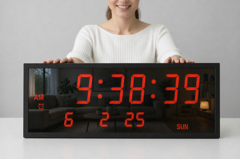 Person holding a large BigTimeClocks digital clock with red numbers on a white surface.