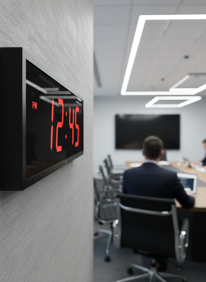 BigTimeClocks digital clock on a wall displaying time in an office setting with people at a table.