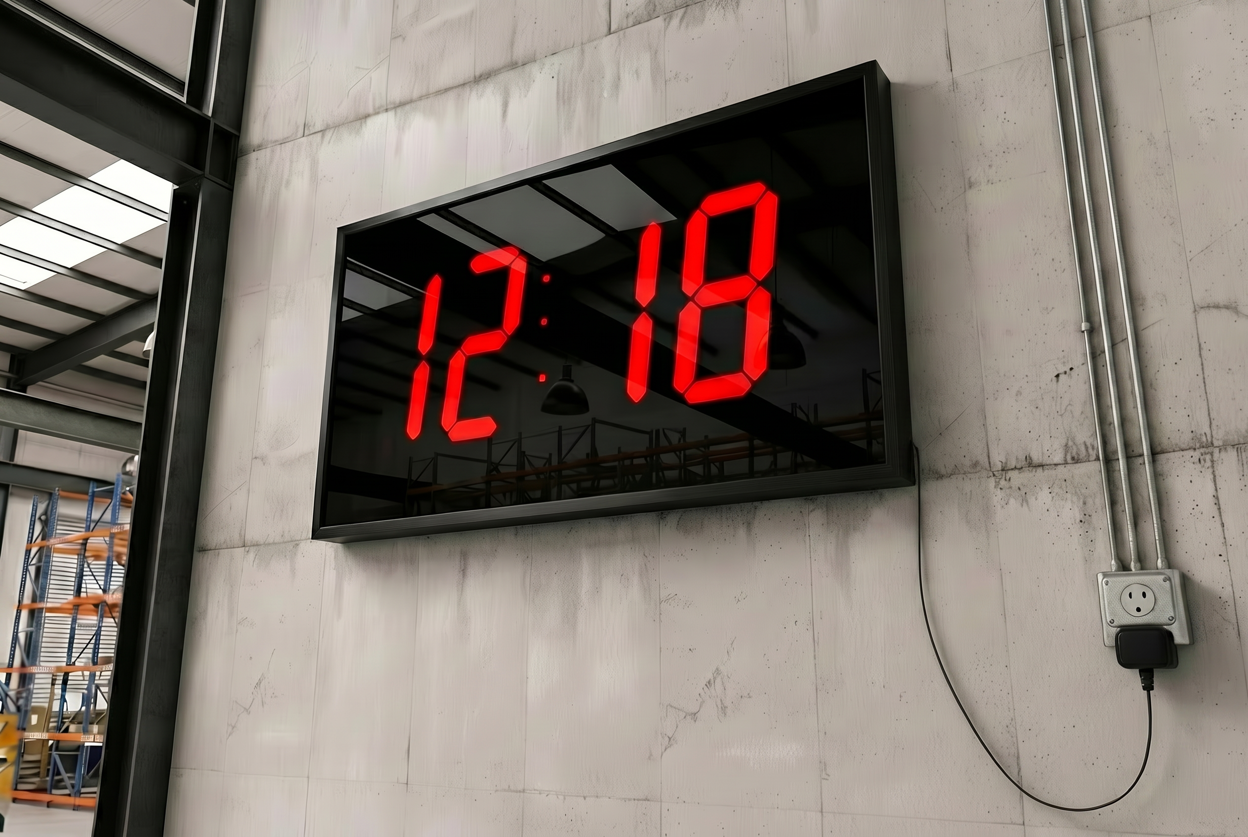 BigTimeClocks digital clock displaying red numbers on a gray wall in an industrial setting