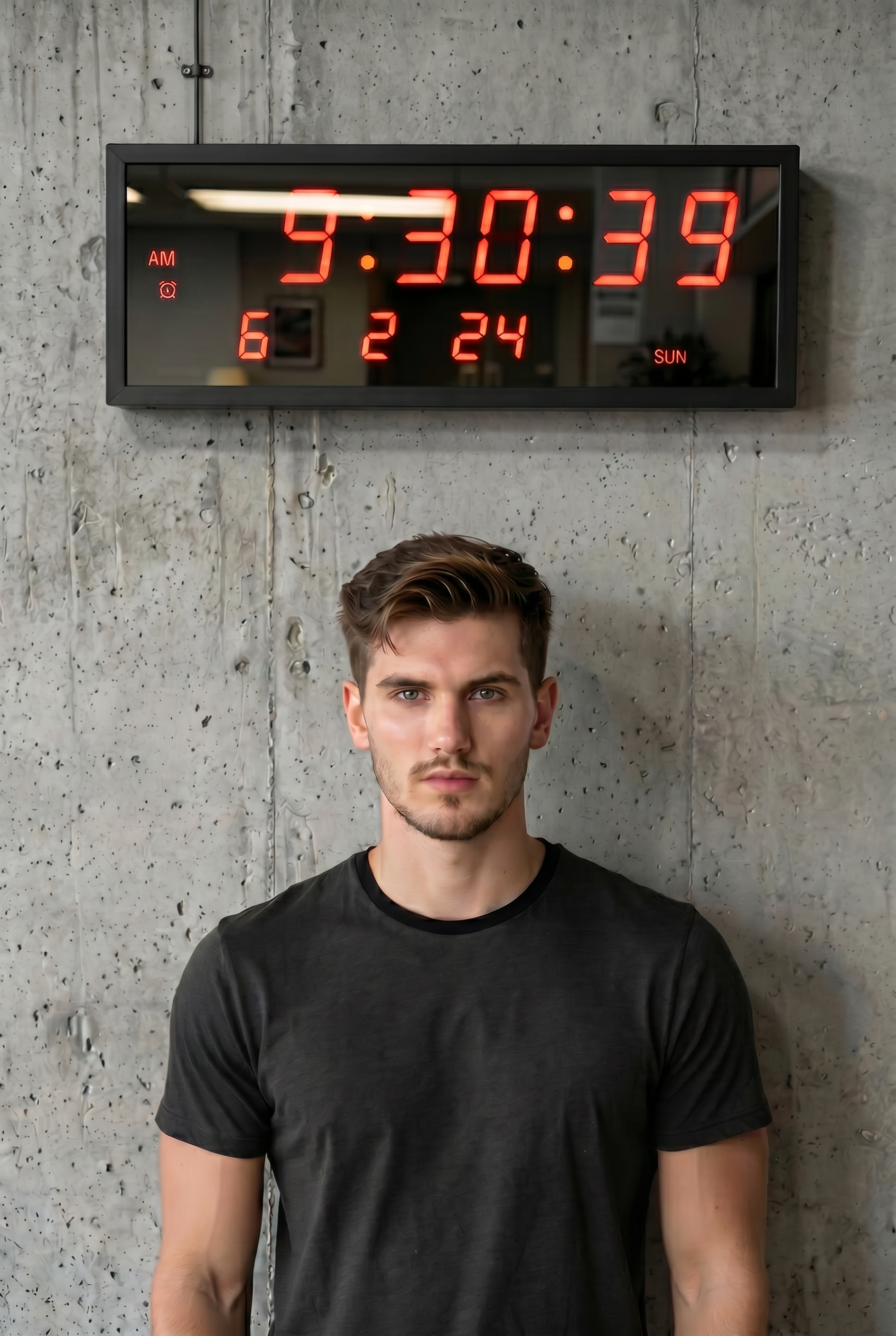 Man standing in front of a BigTimeClocks digital wall clock on a concrete wall.