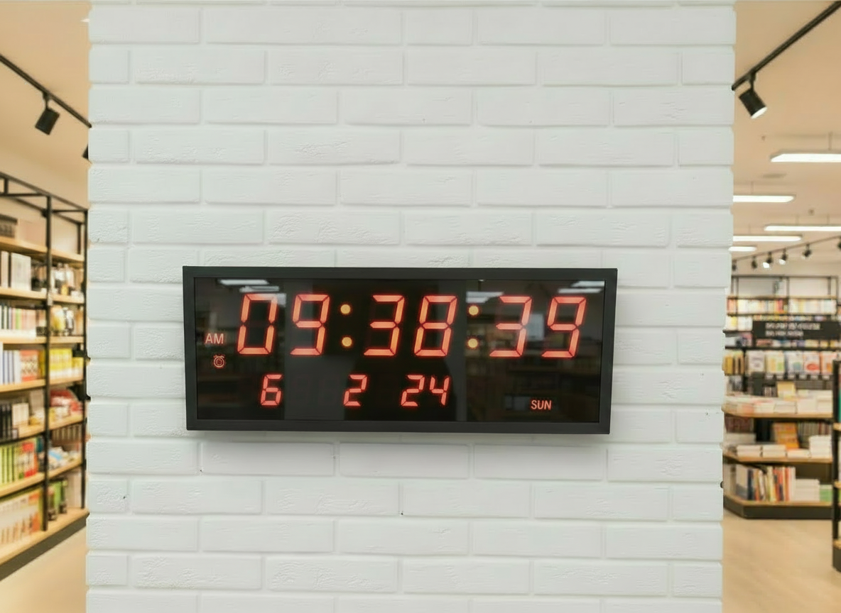 BigTimeClocks digital clock on a white brick wall in a store setting
