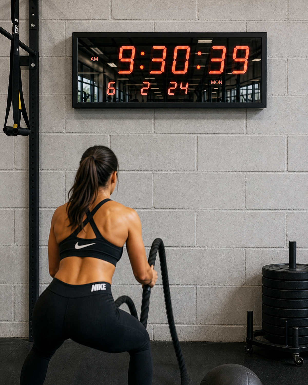 Woman exercising with battle ropes in a gym setting, BigTimeClocks digital clock on wall displaying time.