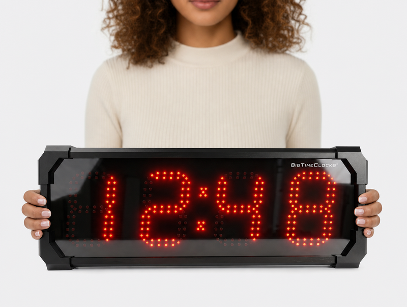 Person holding a large BigTimeClocks digital waterproof clock with red LED numbers on a white background